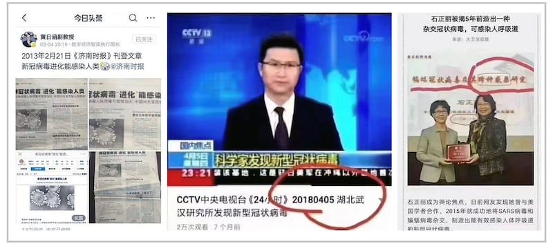 左图:2013年2月1日,《济南时报》已经刊登新冠病毒可感染人类的文章,当时无人在意。右图:武汉P4实验室主任石正丽,于2015年已杂交出新冠病毒。(网络图片/乔龙提供)