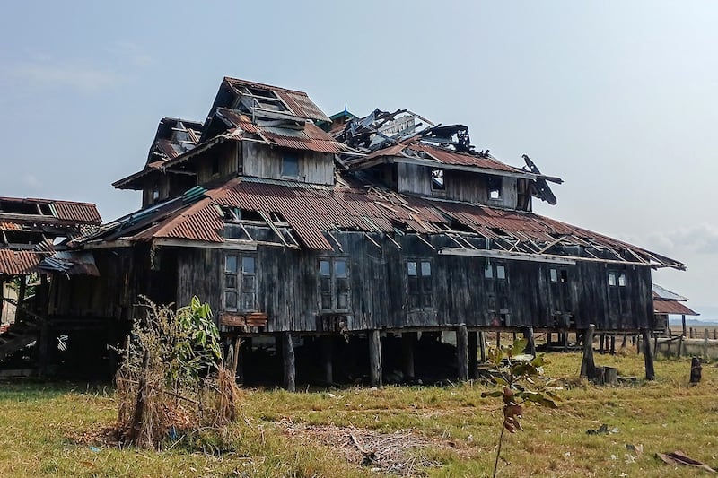 A Buddhist monastery destroyed during fighting between Myanmar's military and the Arakan Army is seen May 21, 2024 in a village in Minbya township in western Rakhine state. (AFP)