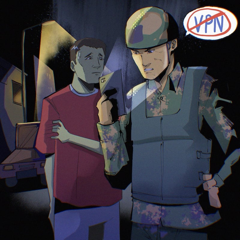 军政权发布VPN禁令后,城市街头时常可见军警盘查年轻人手机内是否安装“非法”软体。军警也常透过此手段向被检查人索贿,漫天要价。(插画/阿涂)