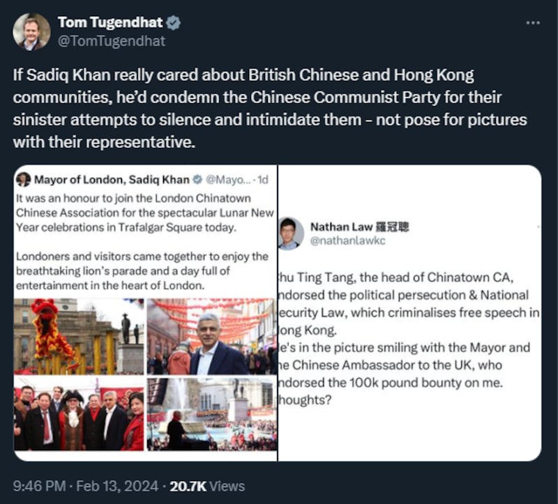 英國保安國務大臣董勤達(Tom Tugendhat)批評倫敦市長。(英國保安國務大臣X)