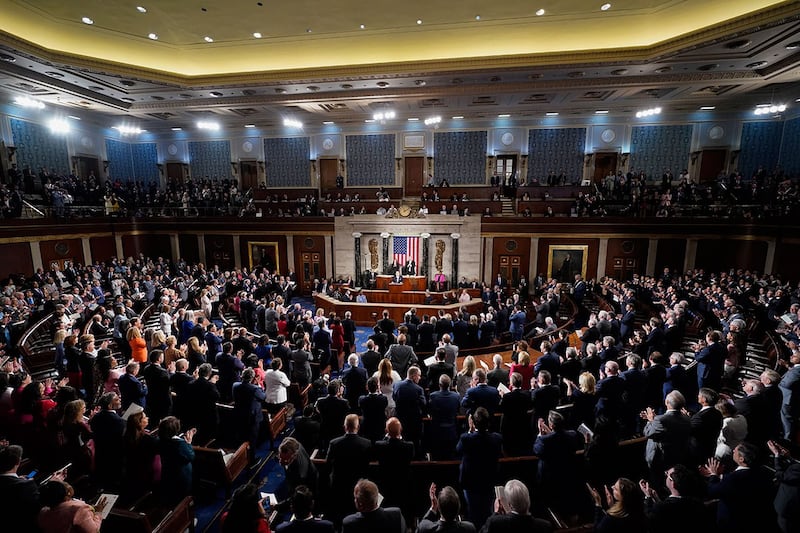2023年4月27日,在美国国会大厦,韩国总统尹锡悦在美国参众两院联席会议上发表演讲。(美联社)