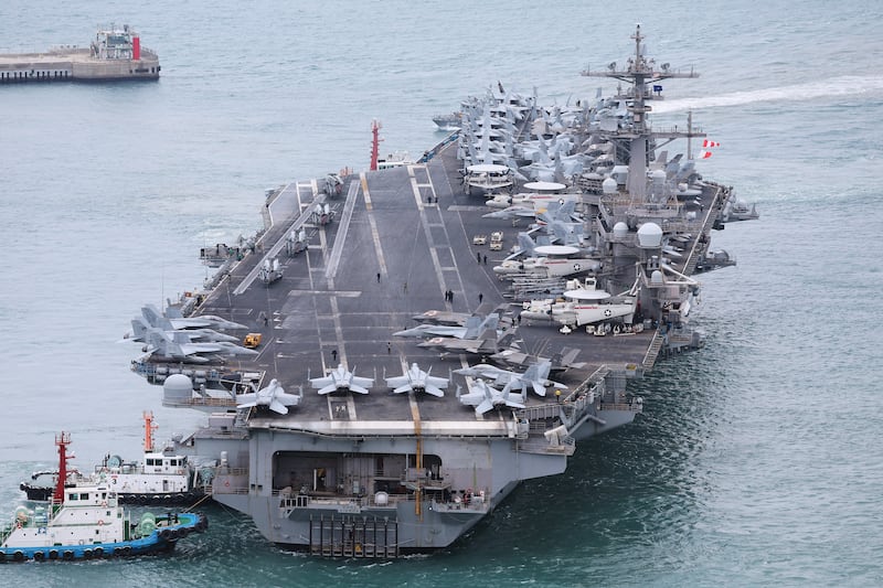 The USS Carl Vinson, a US nuclear-powered aircraft carrier, arrives at a South Korean naval base during its port visit in the southeastern port city of Busan on March 2, 2025.