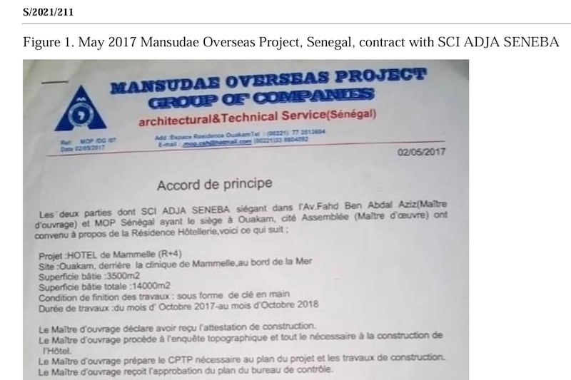 Page 334 of the 2021 panel of experts report on violations of U.N. sanctions on North Korea shows a contract of work between a Senegal company and Mansudae, the North Korean overseas project group in 2017.
