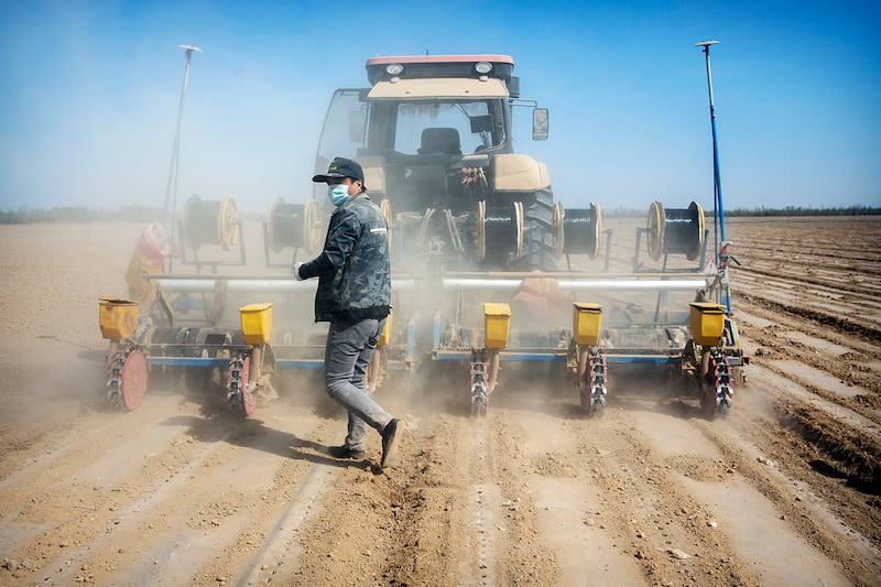 Workers plant a cotton field near Urumqi in western China's Xinjiang Uyghur Autonomous Region, April 21, 2021.